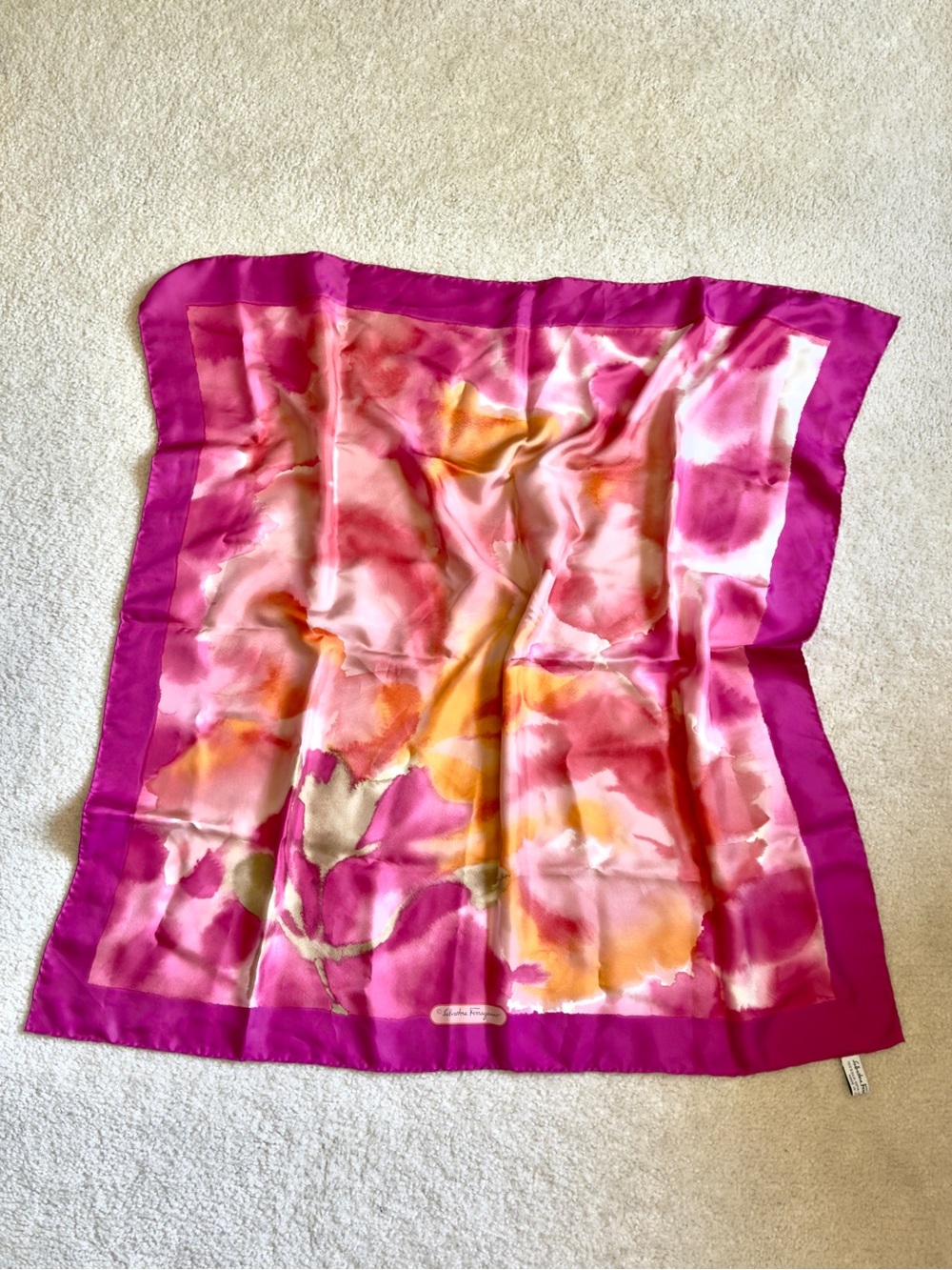 Salvatore Ferragamo Pink and Orange Watercolor Floral Vintage Silk Scarf
